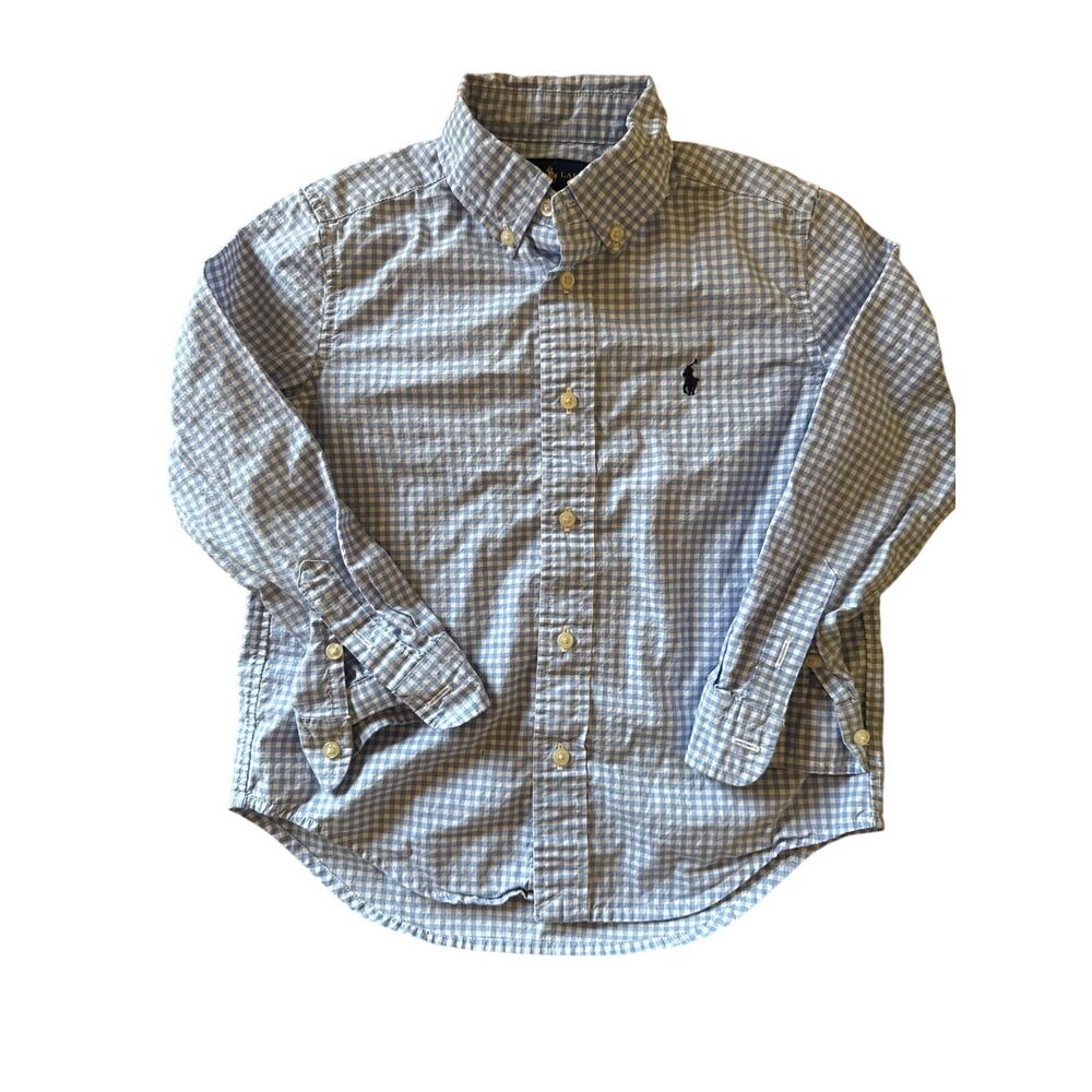 Ralph Lauren Blue White Gingham Navy Pony Logo Toddler Size 5 Button Up Shirt